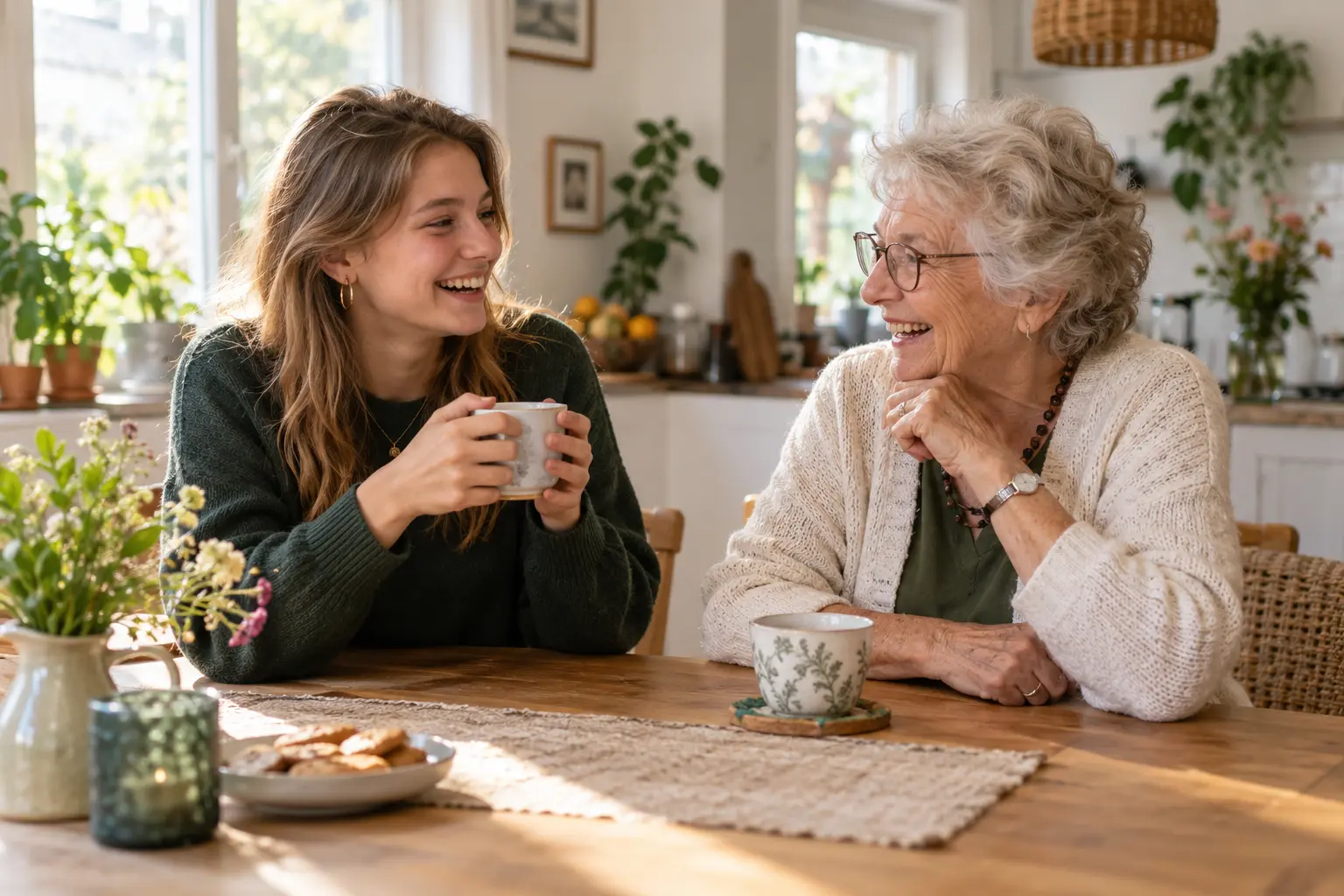 Een jongere en oudere buurtbewoner drinken gezellig samen koffie