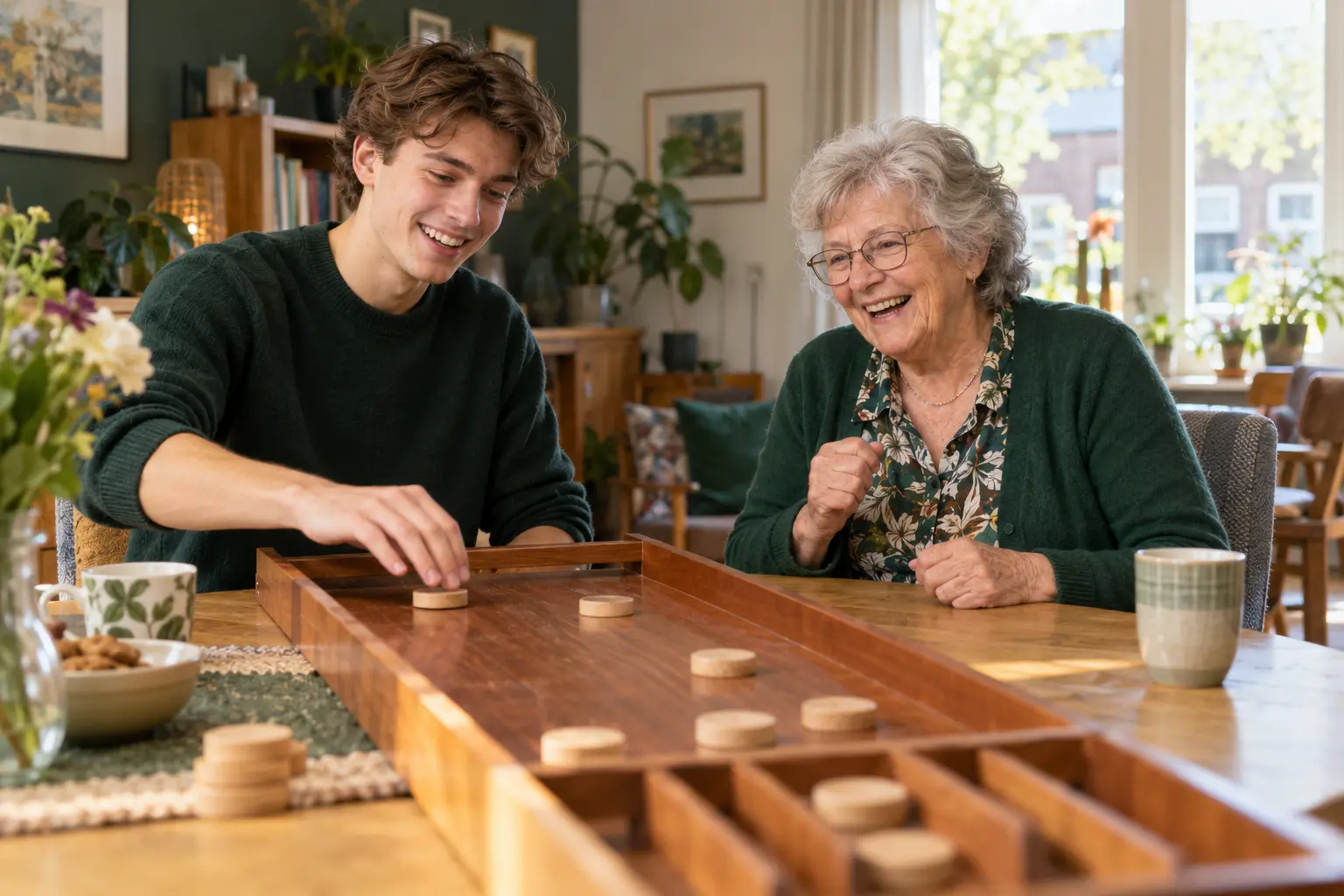 Een jongere en oudere buurtbewoner spelen samen sjoelen
