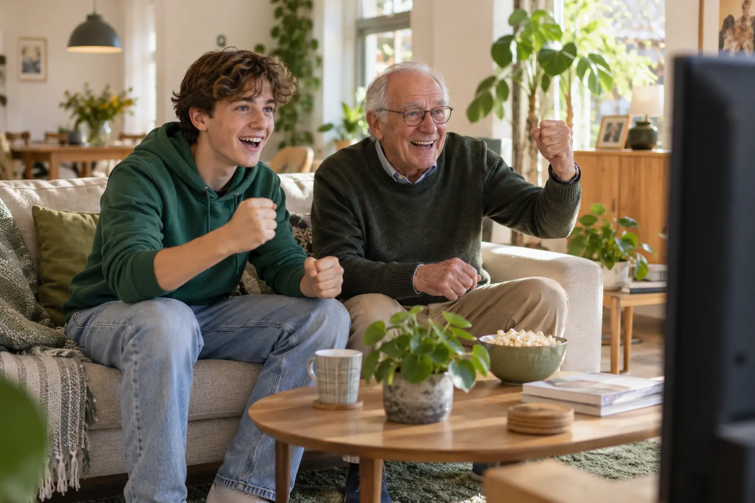 Een jongere en oudere buurtbewoner kijken samen voetbal