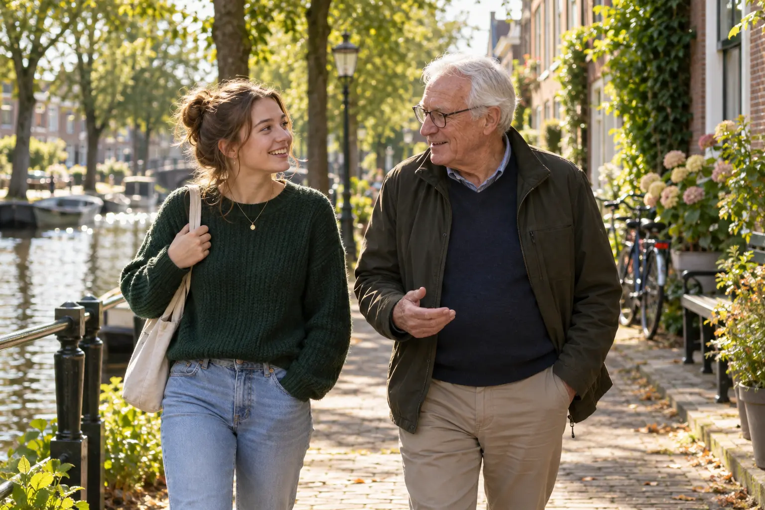 Een jongere en oudere buurtbewoner wandelen samen