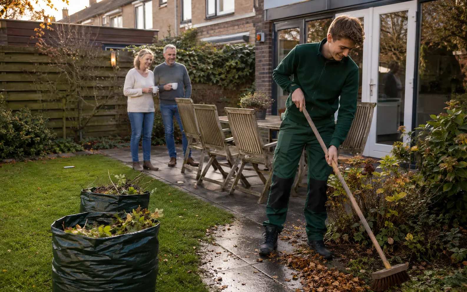 Jonge lokale tuinhulp brengt een rommelige tuin weer onder controle terwijl de bewoners opgelucht toekijken