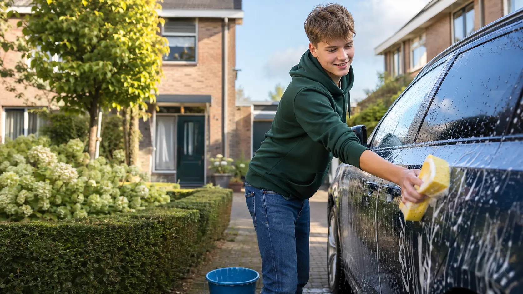 Jonge lokale helper wast een auto op de oprit