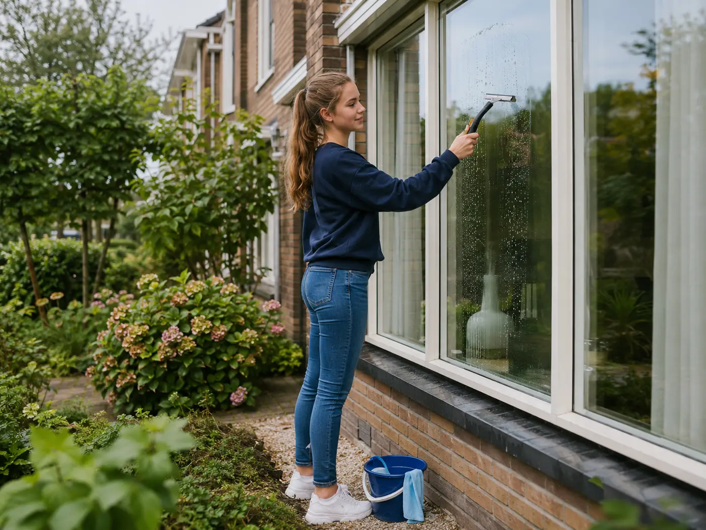 Jonge helper wast buitenramen veilig vanaf de begane grond
