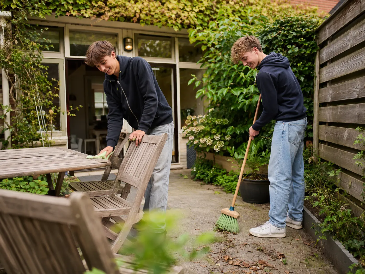 Twee jongeren maken tuinmeubels en terras netjes