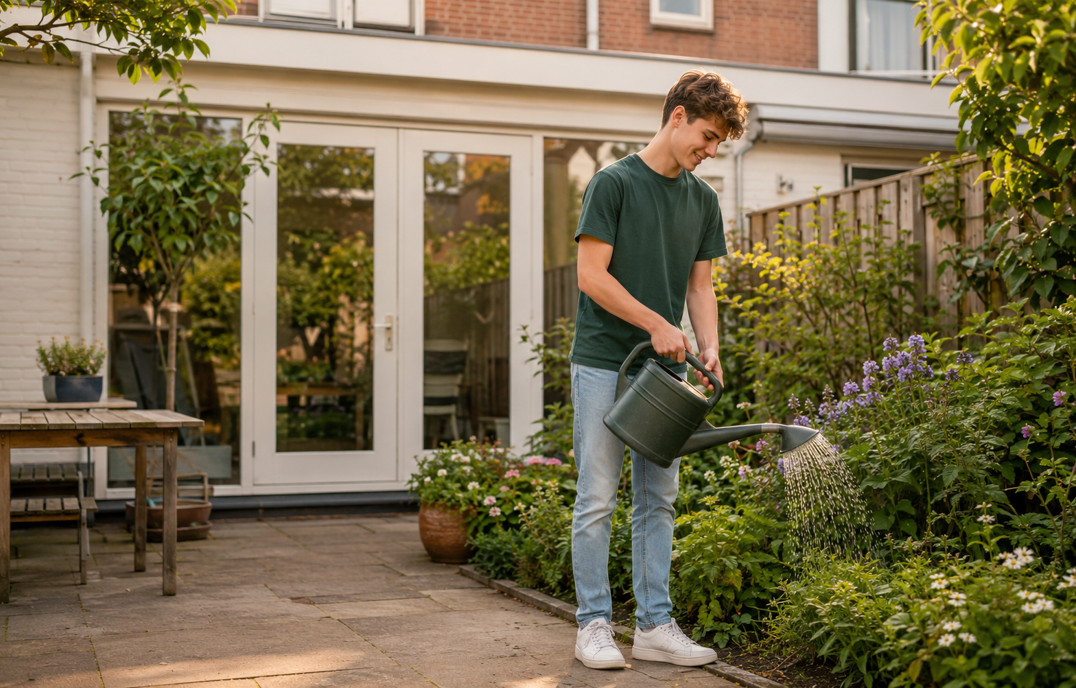 Lokale jonge tuinhulp geeft planten water tijdens de vakantie van bewoners